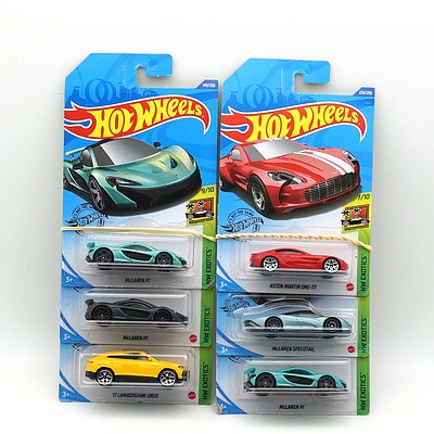Eight Boxed Hot Wheels HW Exotics Model Cars, Including McLaren Speedtail, Aston Martin One-77