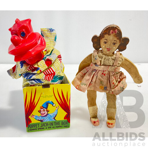 Vintage Puppet Jack-in the Box, Jim Vickers Willis Made in Australia and Fabric and Timber Doll