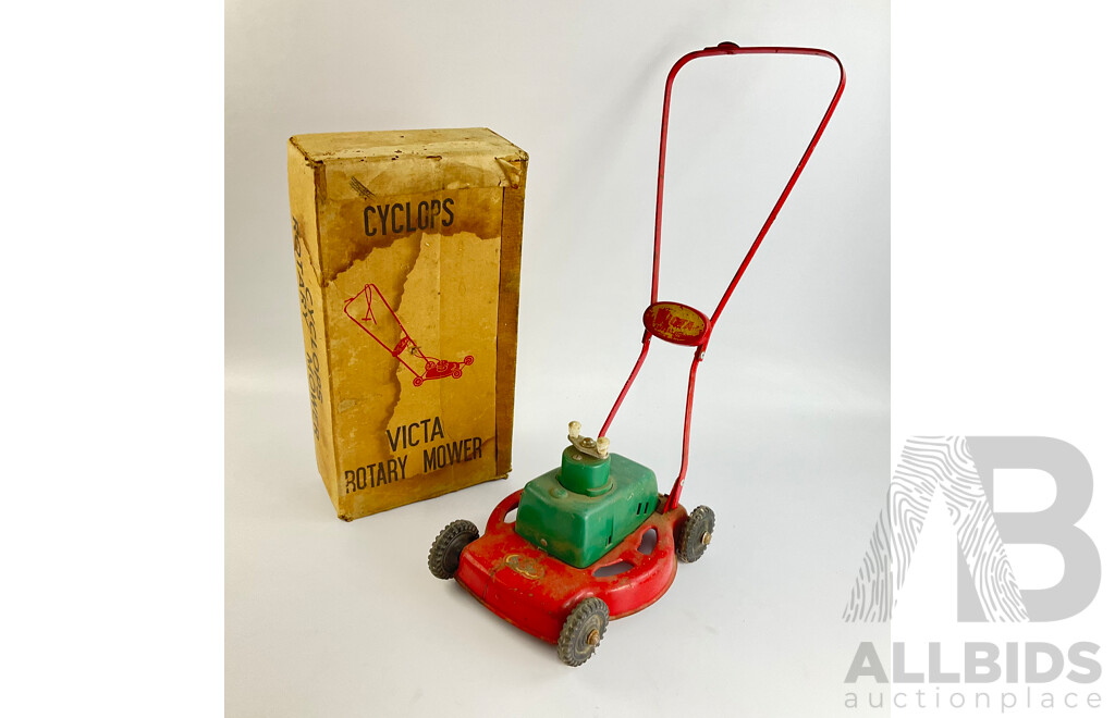Vintage Cyclops Victa Ambassador Steel Toy Lawnmower with Original Box, Made in Australia