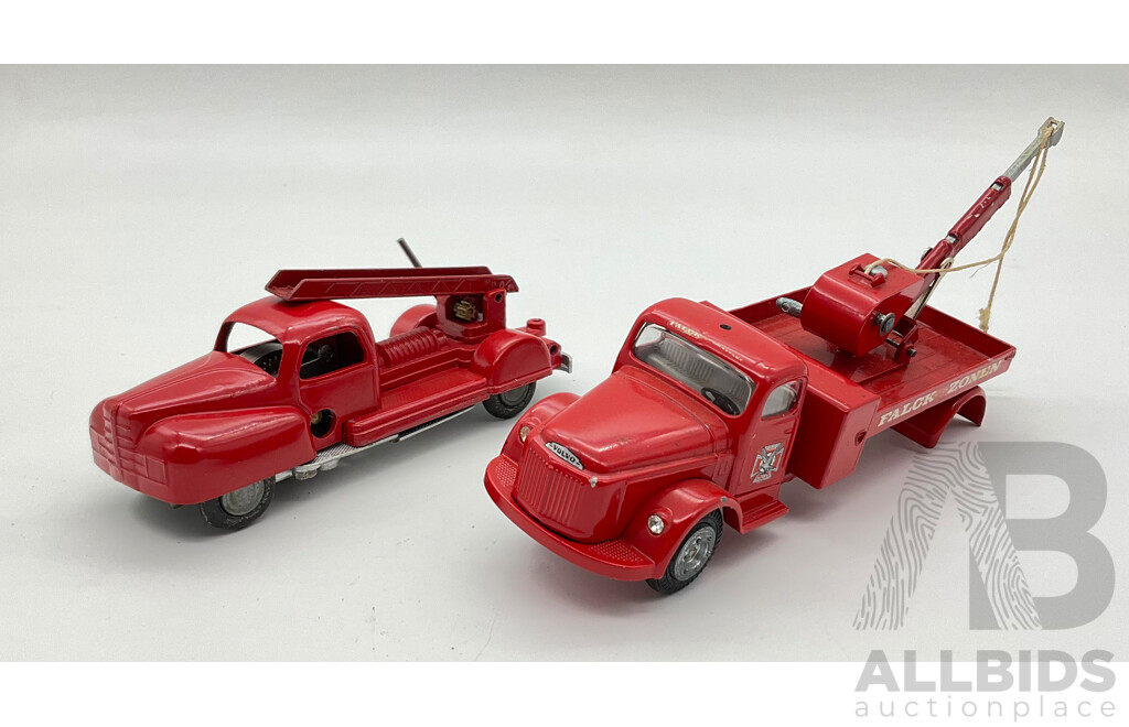 Vintage Tekno Falck Zonen Tow Truck and Solido Fire Engine for Parts or Repair