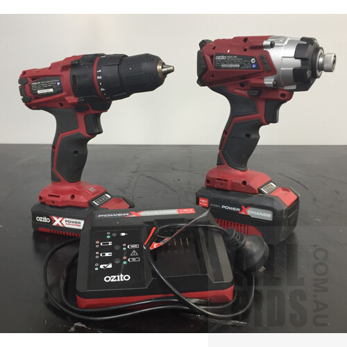 Ozito PXIDS-300 18V Impact Driver And PXDDS-201 Cordless Drill Driver With Charger