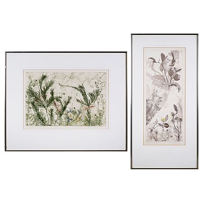 Edith Cowlishaw (born 1924), Scrubby Gum, Etching & Hakea and Iris, Woodcut, largest 50 x 20 cm (2)