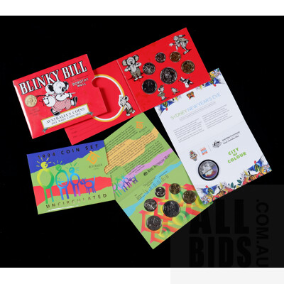 1994 Coin Set, 2016 Sydney New Year's Eve One Dollar Coloured Fine Silver Frosted Uncirculated Coin and Australia's Coins 2011 Baby Coin Set