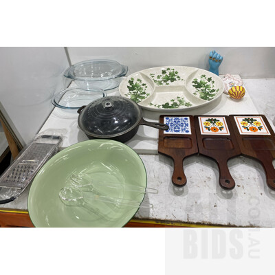Vintage Style, Tile Serving Boards. Cast Iron Pan, Other Assorted kitchen Items