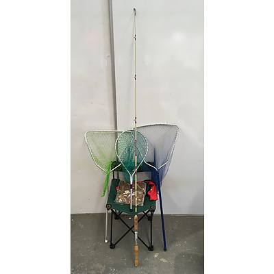Collectable Jarvis Walker Fishing Rod With Landing Nets And Fishing Seat - Lot Of Six