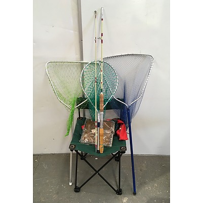 Collectable Jarvis Walker Fishing Rod With Landing Nets And Fishing Seat - Lot Of Six