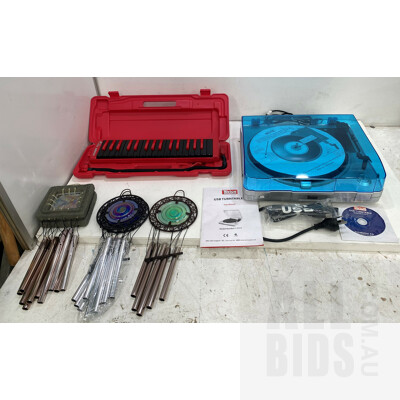 Hohner Melodica, USB Turntable and Lot of Assorted Wind Chimes