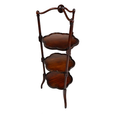 Antique Mahogany Three Tier Tea Stand with Turned Ball Handle and Beaded and Scalloped Edge Trays