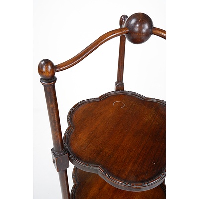 Antique Mahogany Three Tier Tea Stand with Turned Ball Handle and Beaded and Scalloped Edge Trays
