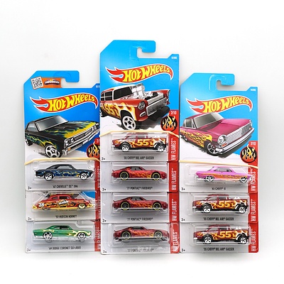 Ten Hot Wheels HW Flames Models, Including 63 Chevy II, 77 Pontiac Firebird and More 