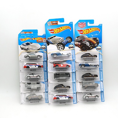 Fifteen Hot Wheels HW Showroom Models, Including Porsche 356A Outlaw, Hi Roller, Aston Martin DB10