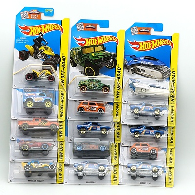 Fifteen Hot Wheels HW Off Road Models, Including 2009 Ford F150, Sand Stinger 
