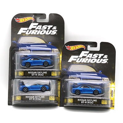 Three Hot Wheels Fast and Furious Nissan Skyline GTR R34