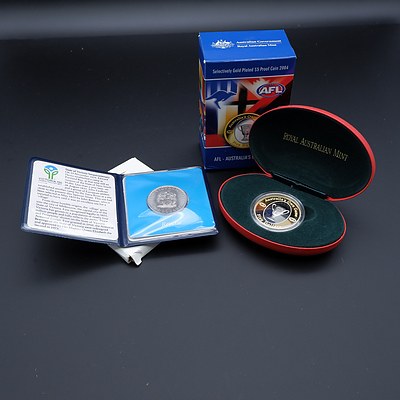 1985 RAM 10$ Uncirculated State Series Coin and 2004 AFL Selectively Gold Plated $5 Proof Coin