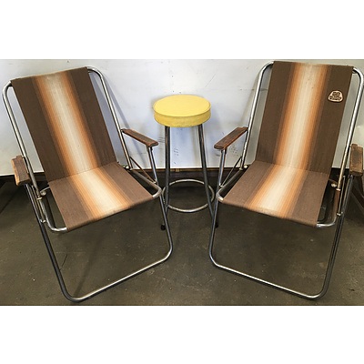 Two Vintage Collapsible Canvas Camping Chairs And A Vintage Vinyl Stool