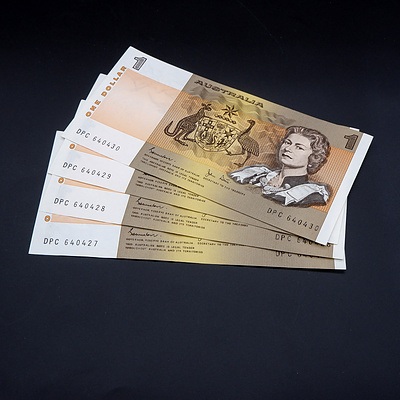 4 X Consecutive $1 1982 Johnston Stone Australian One Dollar Banknotes