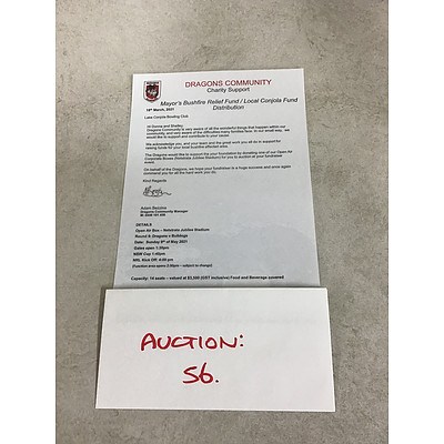 Open Air Box Netstrata Jubilee Stadium, Dragons v Bulldogs Sunday 9 May 2021. 14 Seats, Food & Beverage included