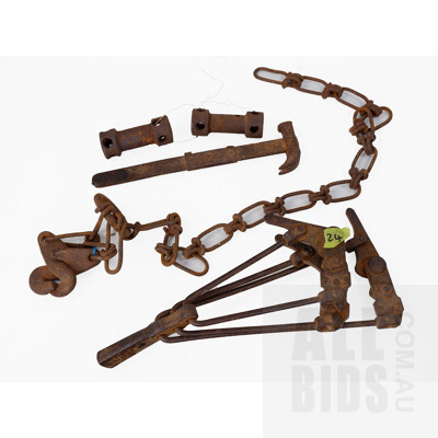 Vintage Early Donald Wire Strainer with Hammer, Vintage Wire Strainer and Two Walker Wire Strainers