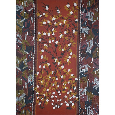 Bobby Tilmouth (born 1942, Anmatyerre language group), Creek Tucker at Gidgee Bore, Synthetic Polymer Paint on Canvas, 120 x 90 cm