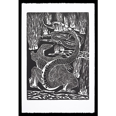 Bevan Pooaraar Hayward (1939-2004, Goreng/Minang/Nyoongar peoples), Final Showdown 1987, Linocut, Artist's Proof, Edition of 40, 46 x 32 cm (image size)
