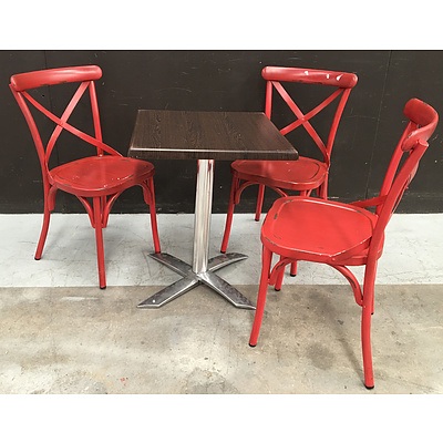 Folding Cafe Table And Painted Red Metal Chairs - Lot Of 4