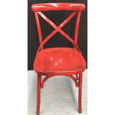 Folding Cafe Table And Painted Red Metal Chairs - Lot Of 4