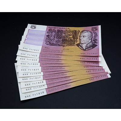 10 X Consecutive $5 1991 Fraser Cole Australian Five Dollar Banknotes R213 QNK741821-30