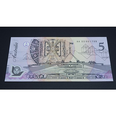 $5 1992 Fraser Cole Australian Five Dollar Polymer Banknote R213 AA22001705 First Day of Issue Stamp