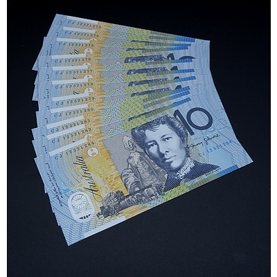 12 X Consecutive $10 2012 Stevens Parkinson Australian Ten Dollar Polymer Banknotes R322A CJ12521273-85