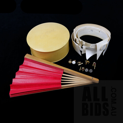 Vintage Xylonite Collars Box Including Four Collars, Four Tie Pins, Cape Fastener, Two Collar Buttons Plus a Hand Held Fan