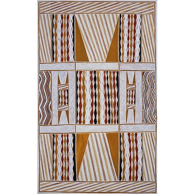 Raymond Bulambula (born 1945, Wobulkarra/Manjikay language group), Dhukurrurru at Milaway (Sacred Rock), Natural Ochre on Canvas, 180 x 111 cm