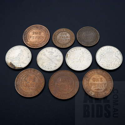 A collection of Australian Pennies, Half Pennies and Florins