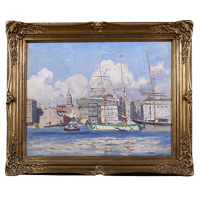 Will Ashton (1881-1963), Summer Clouds, Marseille Harbour, Oil on Canvasboard, 35 x 45 cm