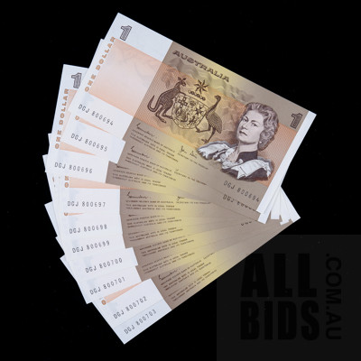 10 X Consecutive $1 1982 Johnston Stone Australian One Dollar Banknotes