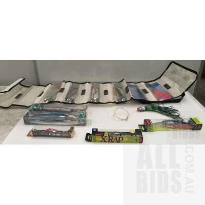 Anodised Aluminium Fishing Net And Assorted Lures Including Rapala, Kuzachi And Wizard