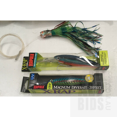Anodised Aluminium Fishing Net And Assorted Lures Including Rapala, Kuzachi And Wizard