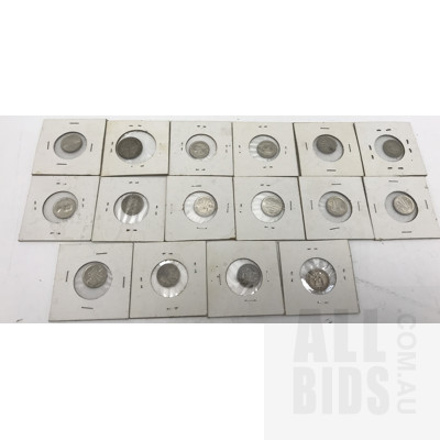 Sixteen Carded Australian Three Pence Coins, 1940-60s