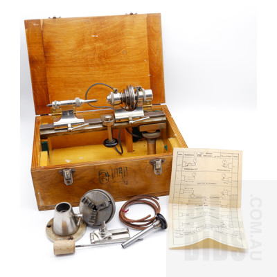 Vintage IME England Jewellers/Watchmakers Lathe in Original Box with Foot pedal Operated Motor and a Large Selection of Collets