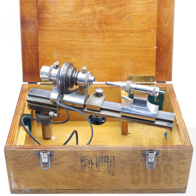 Vintage IME England Jewellers/Watchmakers Lathe in Original Box with Foot pedal Operated Motor and a Large Selection of Collets