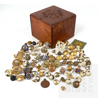 Vintage Cedar Box with Carved Lid and a Selection of Military Badges and Buttons and a Military Map of Western Port by Mullens Melbourne