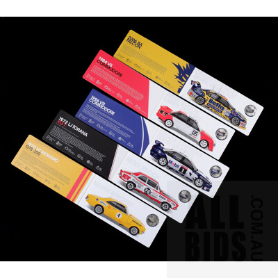 Five Holden High Octane Carded Colour 50c Coins, Including 1984 VK Commodore, 1970 HT Monaro GTS 350 and More