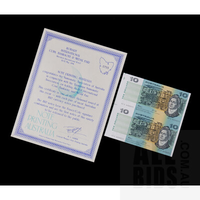 Uncut Pair of Fraser / Cole Ten Dollar Australian Banknotes, From the 1991 International Coin Fair