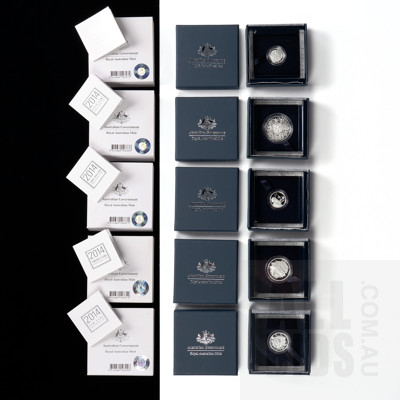 Set of Five Ram 2014 Silver Proof Coins, $2, 5c, 20c, 10c, and 50c