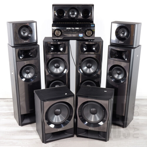 Partial Sony HT-M7 Home Theatre Sound System Includes Four Tower Speakers and Five Smaller Speakers