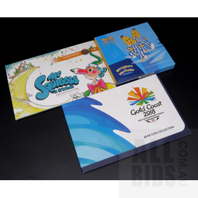 2017 25 Years Bananas in Pajamas Colored Frosted Uncirculated Two Coin Set, 2018 Cold Coast Commonwealth Games Coin Collection and 2019 Mr Squiggle Coin Collection