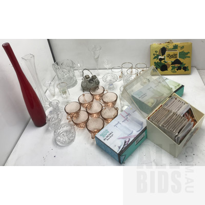 Lot Of Assorted Crystalware, Glassware And Vintage Recipe Files