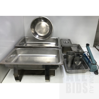 Assorted Catering Equipment - Including Stainless Steel Trays, Chafing Dishes And Heat Sealing Equipment