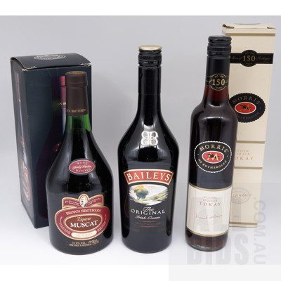 Boxed Brown Brothers Muscat, 750ml, Baileys The Original Irish Cream, 700ml, Boxed Morris of Rutherglen Liqueur Tokay, 500ml