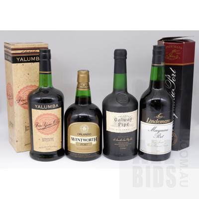 Orlando Wentworth Port, 750ml, Yalumba Galway Pipe Port 750ml, Yaliumba Ten year Old Port, 750ml, and Lindemans Macquarie Port, 750ml