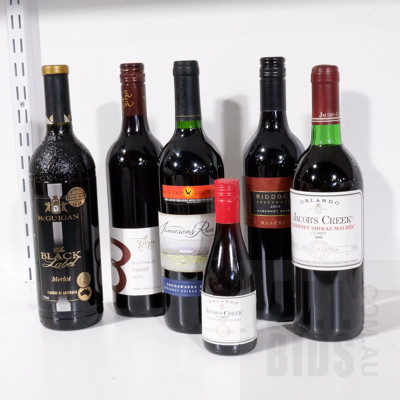 Six Australian Reds, Including Jacobs Creek 1986 Claret 200ml, Riddoch 2003 Cabernet Shiraz 750ml, Jacobs Creek 1992 Cabernet Shiraz Malbec 750ml and More